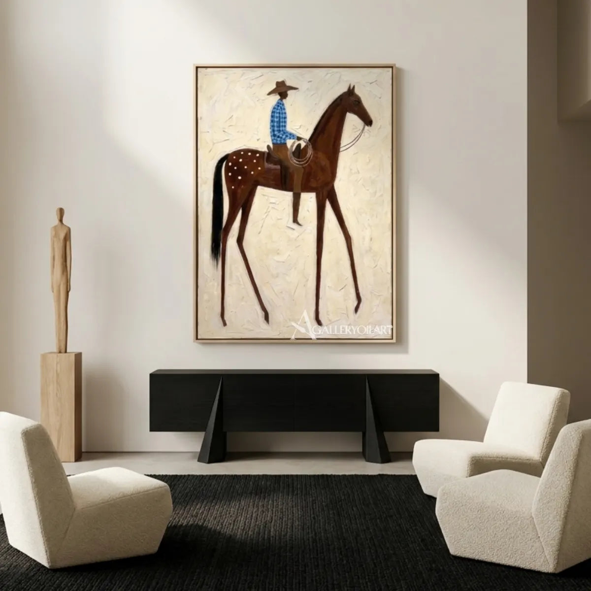 Textured-cowboy-rider-and-brown-horse-western-wall-art-in-minimalist-interior