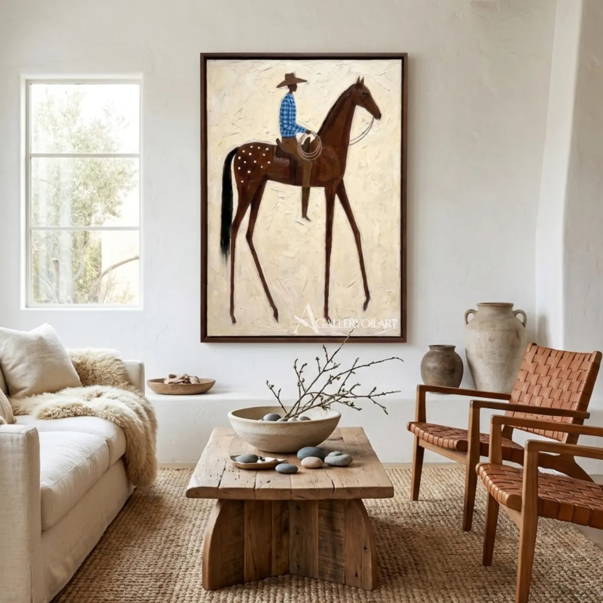 Textured-cowboy-rider-and-brown-horse-western-wall-art-in-contemporary-gathering-room