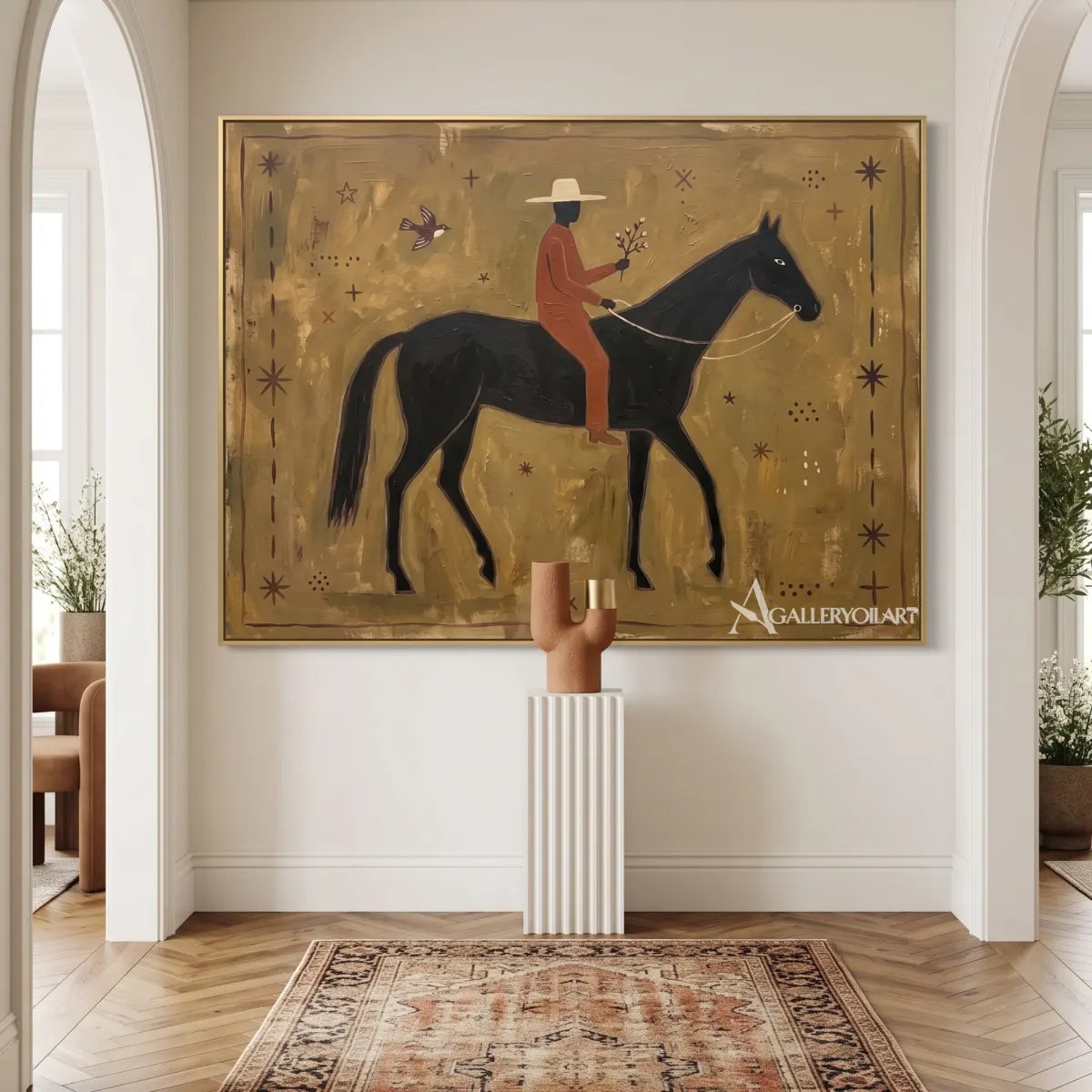 Western cowboy rider on horseback in a starry scene-in-hallway