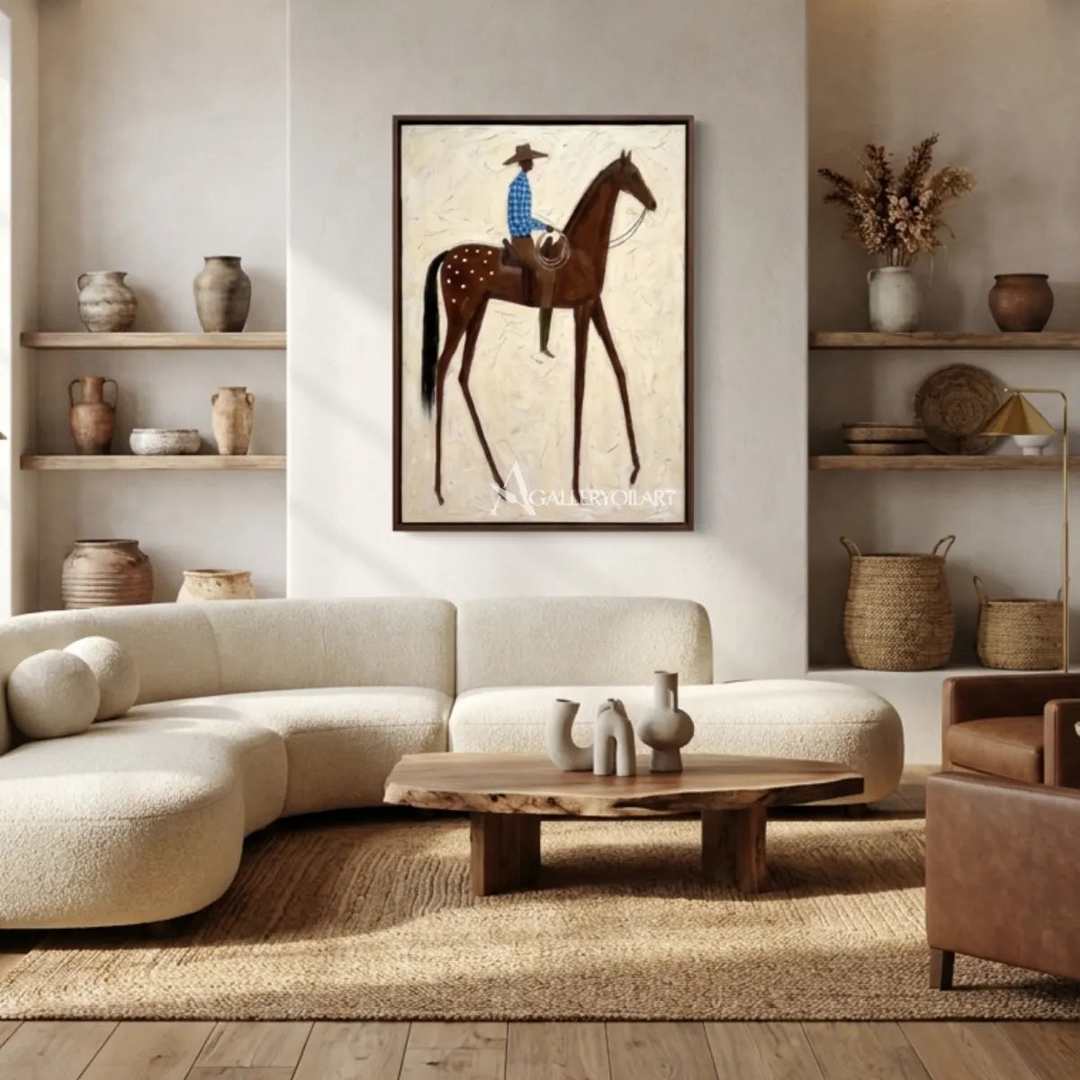 Textured-cowboy-rider-and-brown-horse-western-wall-art-in-gathering-space