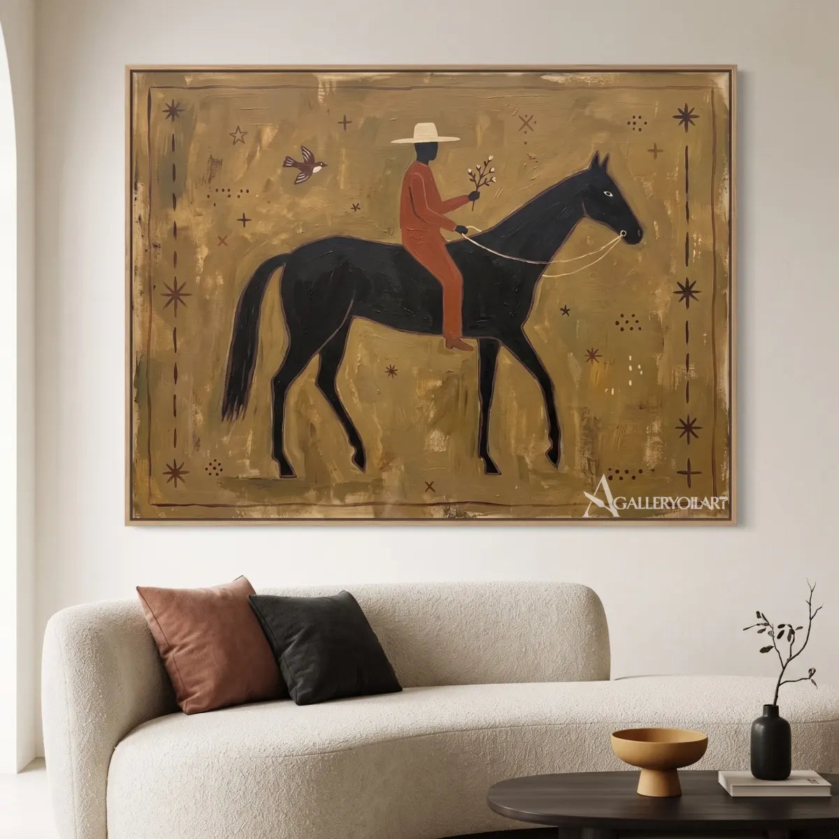 Western cowboy rider on horseback in a starry scene-in-minimalist-living-room