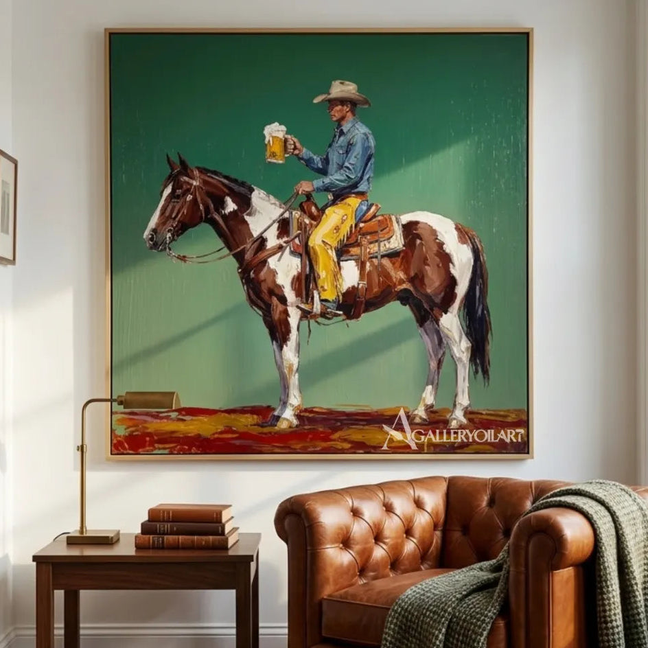 Western cowboy toasting rider animal wall art in brown tones in a dining room