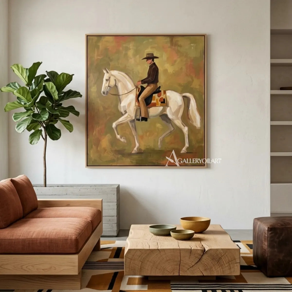 Cowboy-on-white-horse-western-cowboy-art-in-a-contemporary-gathering-room-with-warm-green-tones