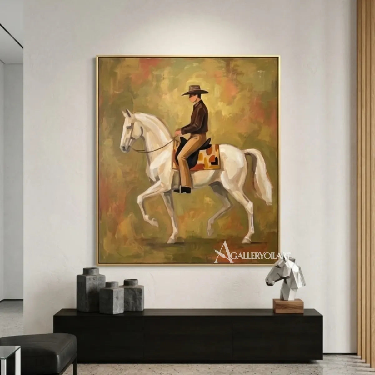 Cowboy-on-white-horse-western-cowboy-art-in-a-minimalist-gallery-interior-with-soft-green-tones