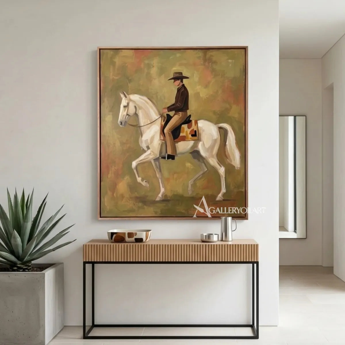 Cowboy-on-white-horse-western-cowboy-art-in-a-modern-entryway-with-earthy-green-and-brown-tones