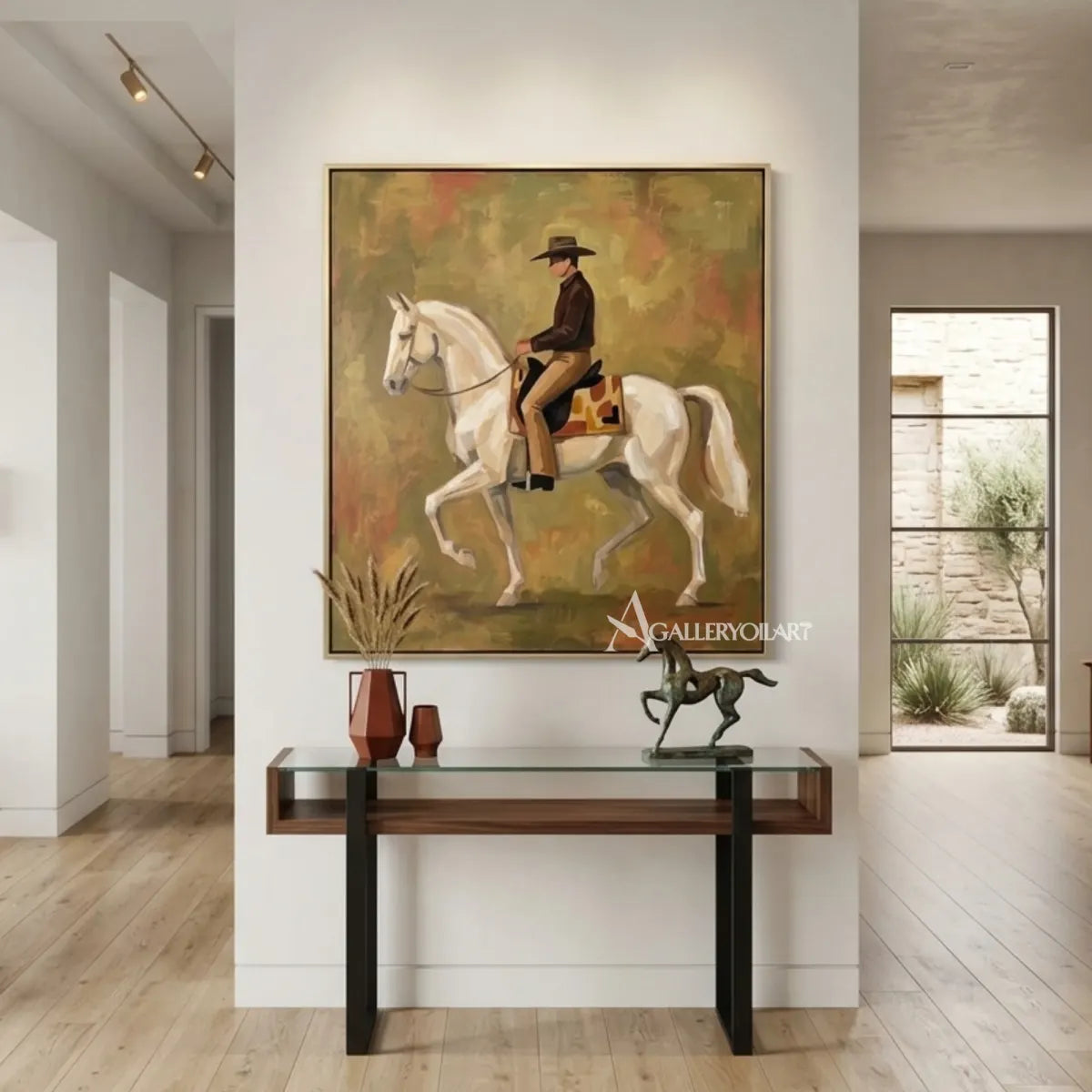 Cowboy-on-white-horse-western-cowboy-art-in-a-modern-transitional-interior-with-earthy-green-tones