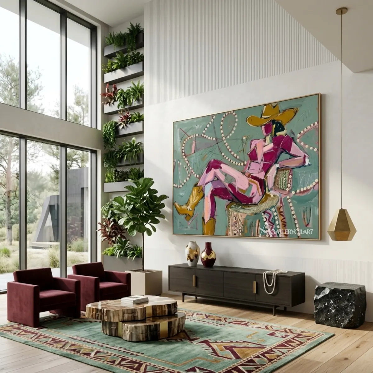 Seated-cowgirl-in-a-wide-brim-hat-in-western-cowboy-pink-wall-art-in-architectural-interior