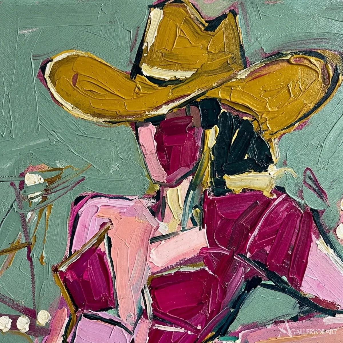 Seated-cowgirl-in-a-wide-brim-hat-in-western-cowboy-pink-wall-art-in-detail