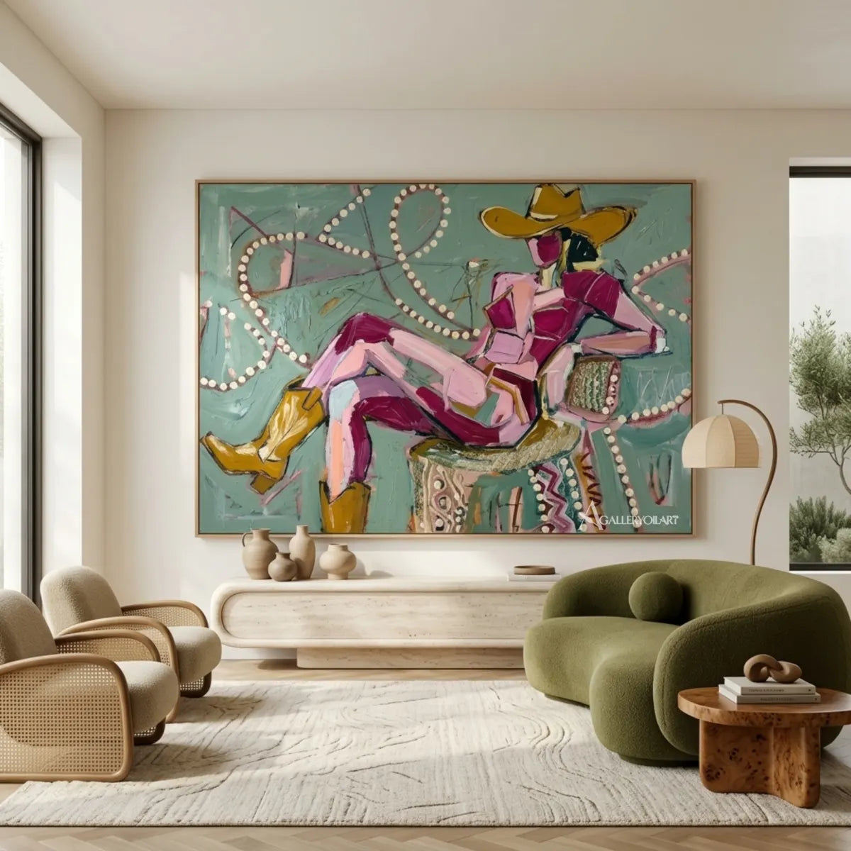 Seated-cowgirl-in-a-wide-brim-hat-in-western-cowboy-pink-wall-art-in-gallery
