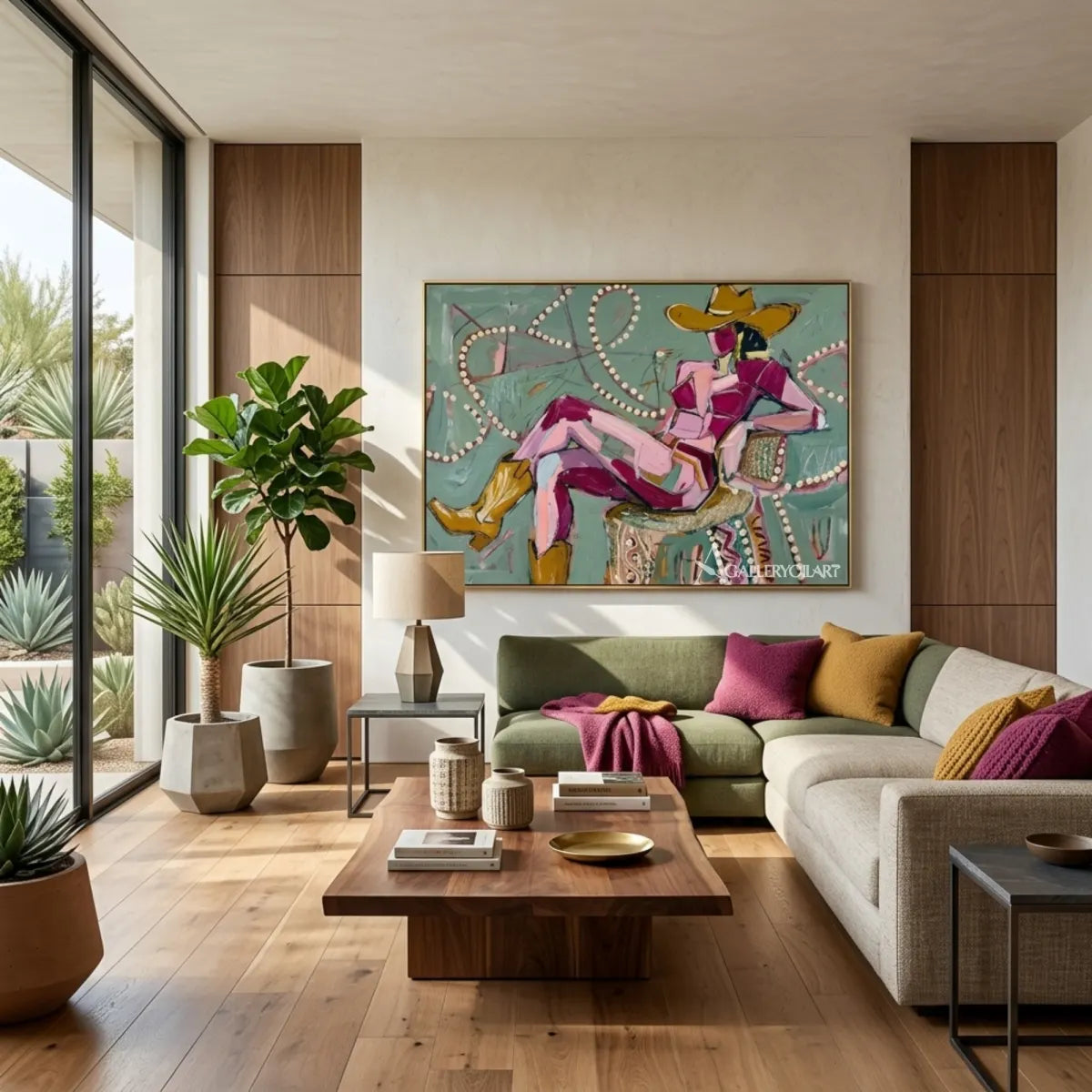 Seated-cowgirl-in-a-wide-brim-hat-in-western-cowboy-pink-wall-art-in-living-room