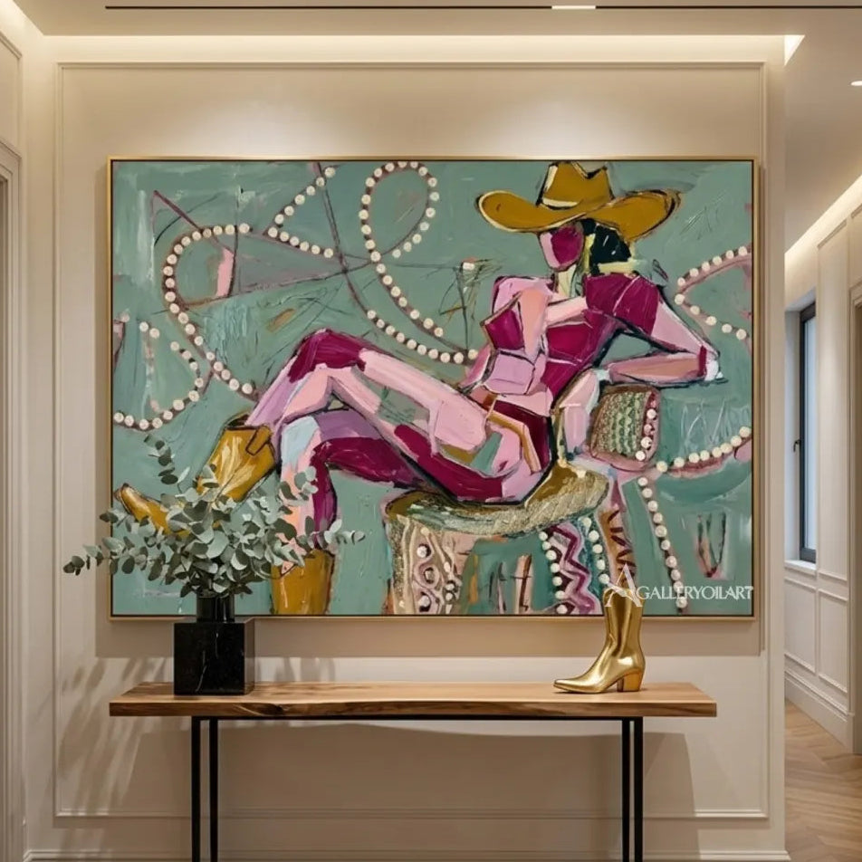 Seated-cowgirl-in-a-wide-brim-hat-in-western-cowboy-pink-wall-art-in-private-lounge
