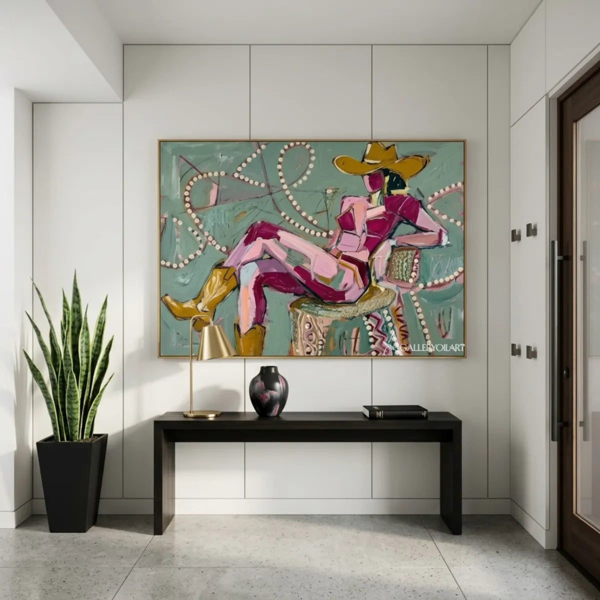 Seated-cowgirl-in-a-wide-brim-hat-in-western-cowboy-pink-wall-art-in-transitional-corridor
