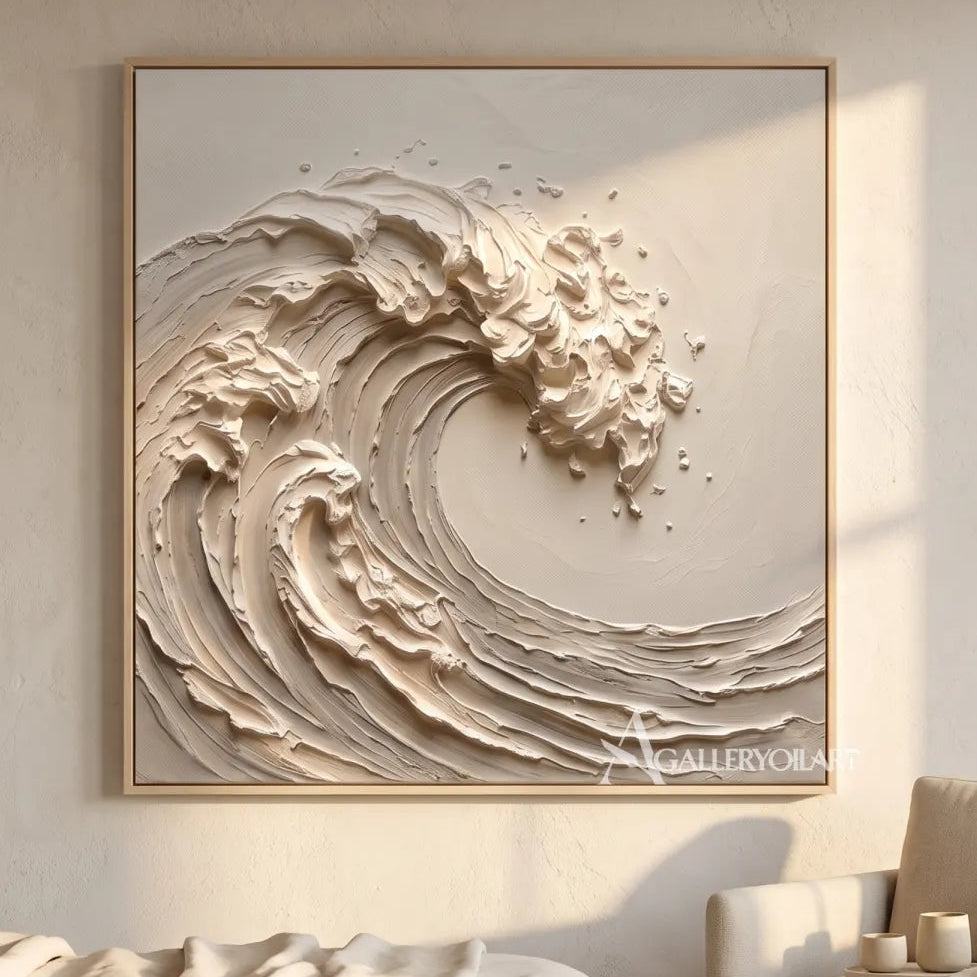 Sea beach art showing a sculpted curling wave in warm beige tones in a bedroom