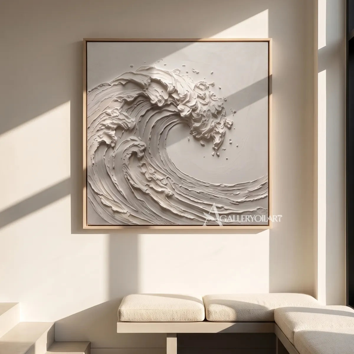 Sea beach art showing a sculpted curling wave in warm beige tones on a gallery wall