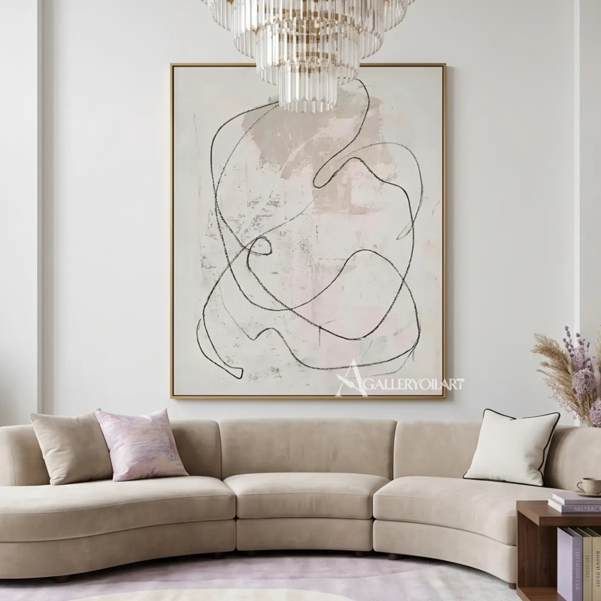 abstract-art-painting-of-a-flowing-charcoal-line-over-a-soft-ivory-field-in-a-living-room