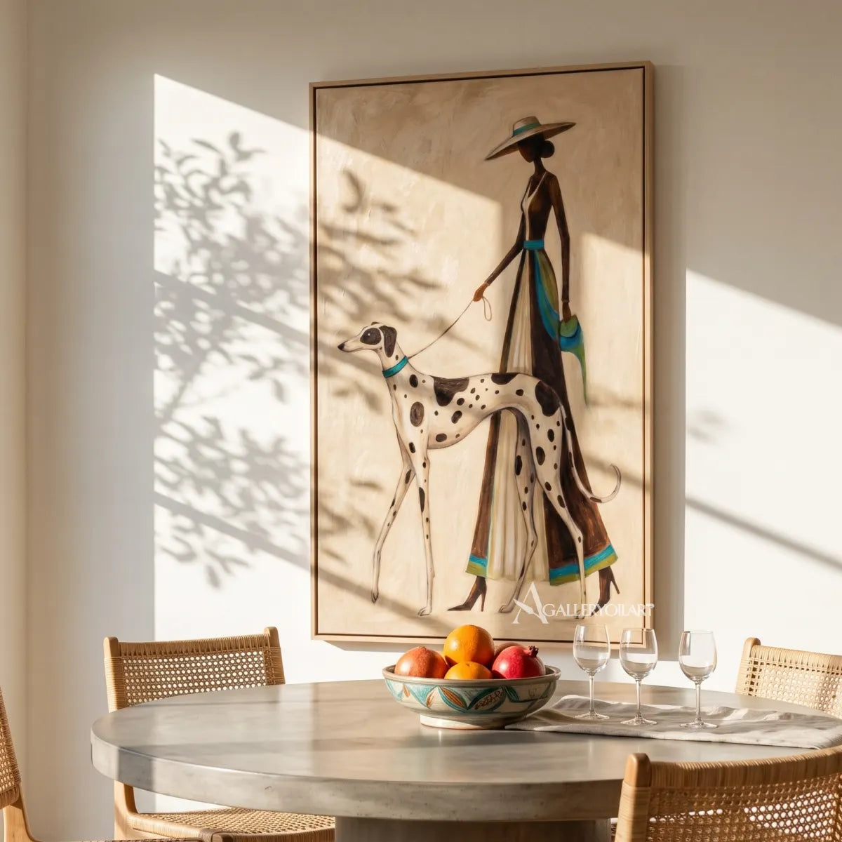 dalmatian-dog-with-elegant-dog-walker-animal-art-Brown-wall-art-in-dining-space