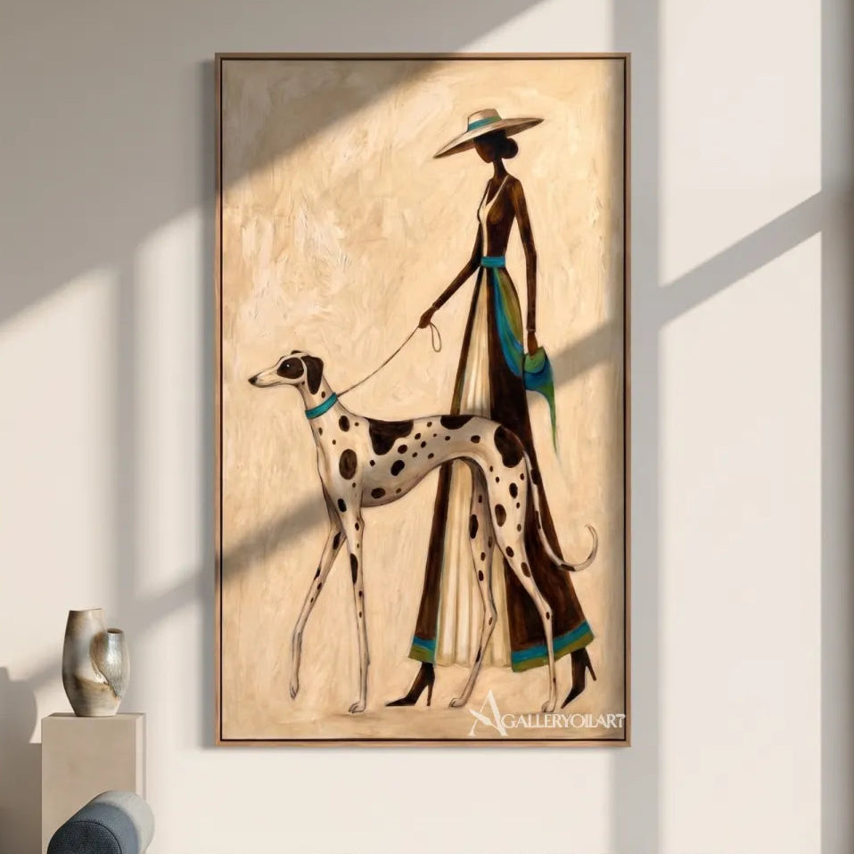 dalmatian-dog-with-elegant-dog-walker-animal-art-Brown-wall-art-in-living-room-display