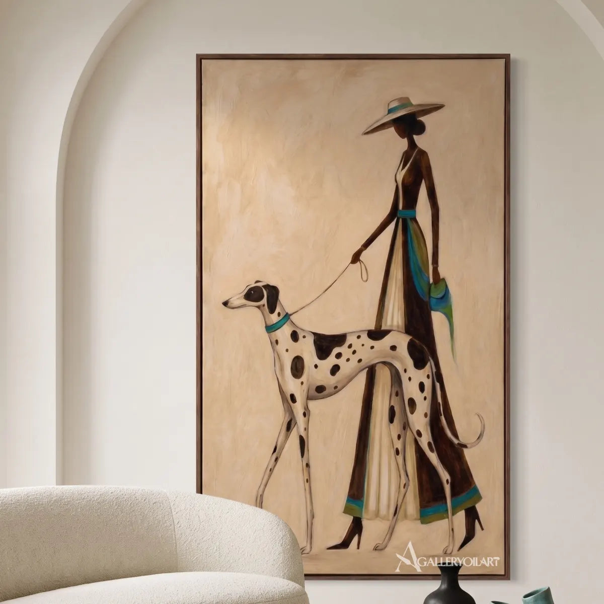 dalmatian-dog-with-elegant-dog-walker-animal-art-Brown-wall-art-in-living-room