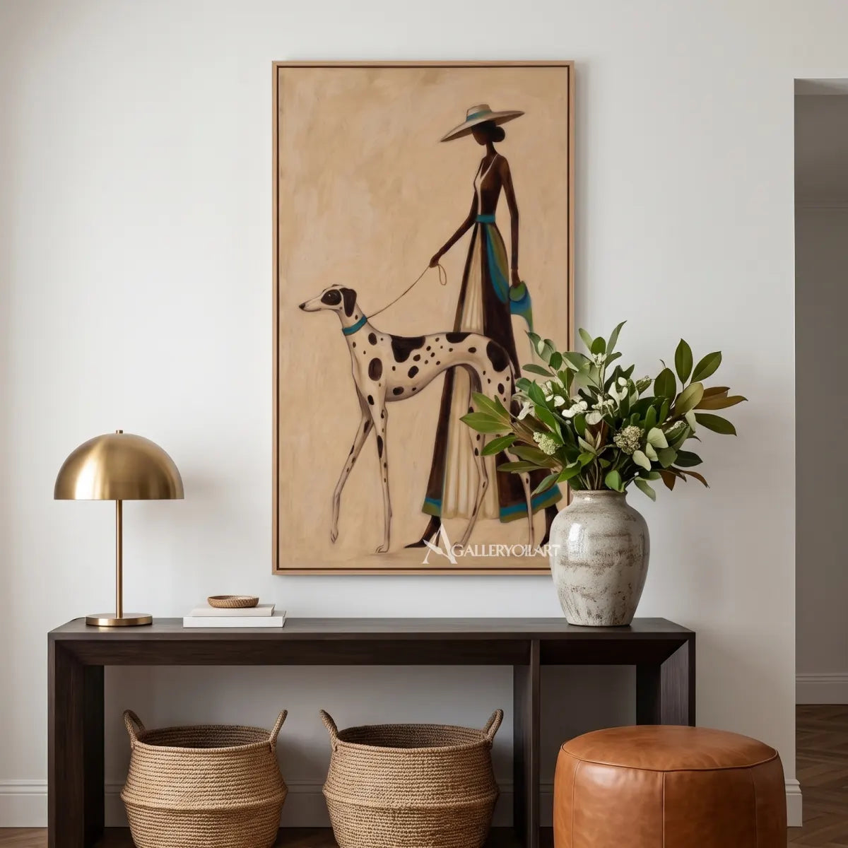 dalmatian-dog-with-elegant-dog-walker-animal-art-Brown-wall-art-in-modern-entryway