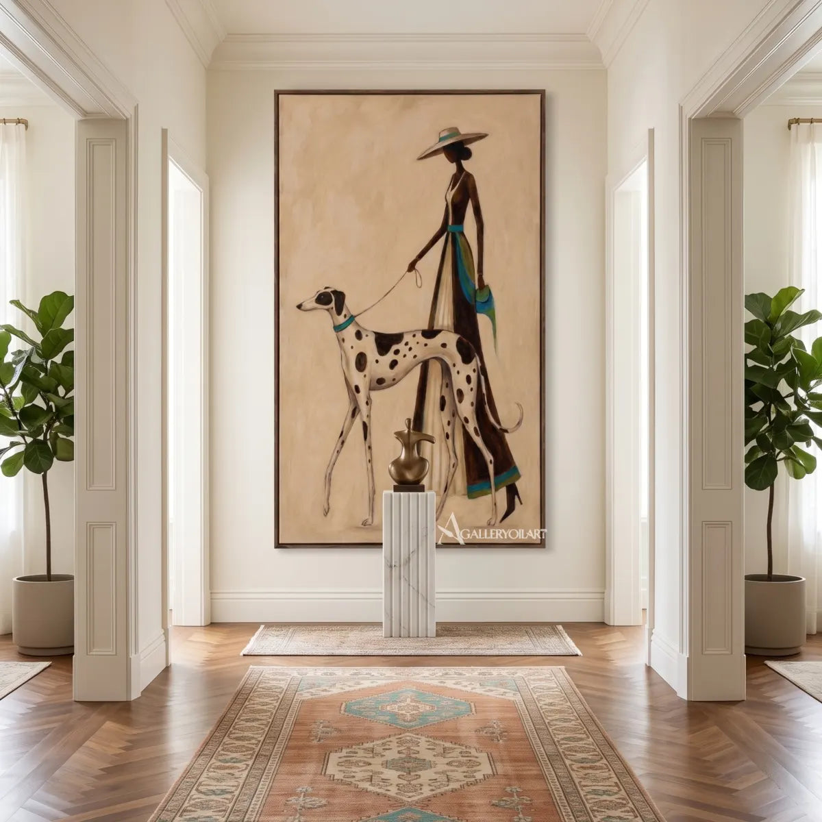 dalmatian-dog-with-elegant-dog-walker-animal-art-Brown-wall-art-in-transitional-hallway