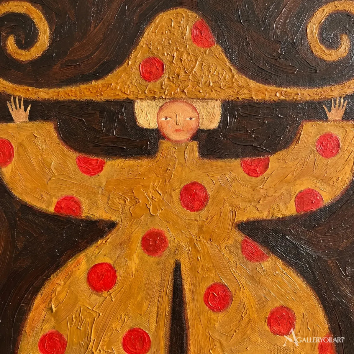 close-up-of-a-folk-art-face-beneath-a-curled-dark-brim-and-ochre-hat
