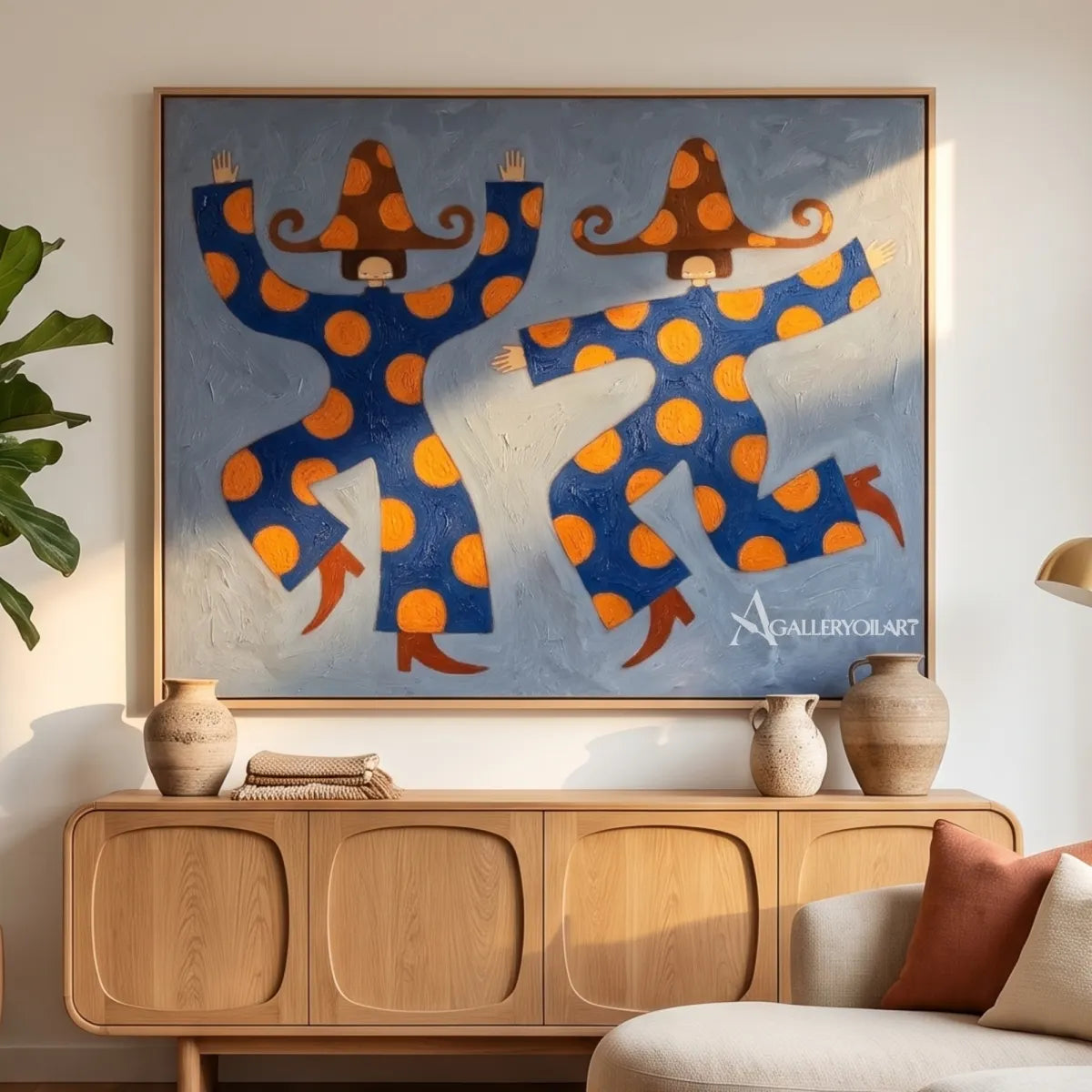 two-hatted-figures-dancing-beneath-open-arms-in-a-bright-room-in-folk-art-style-with-blue-and-orange-colors