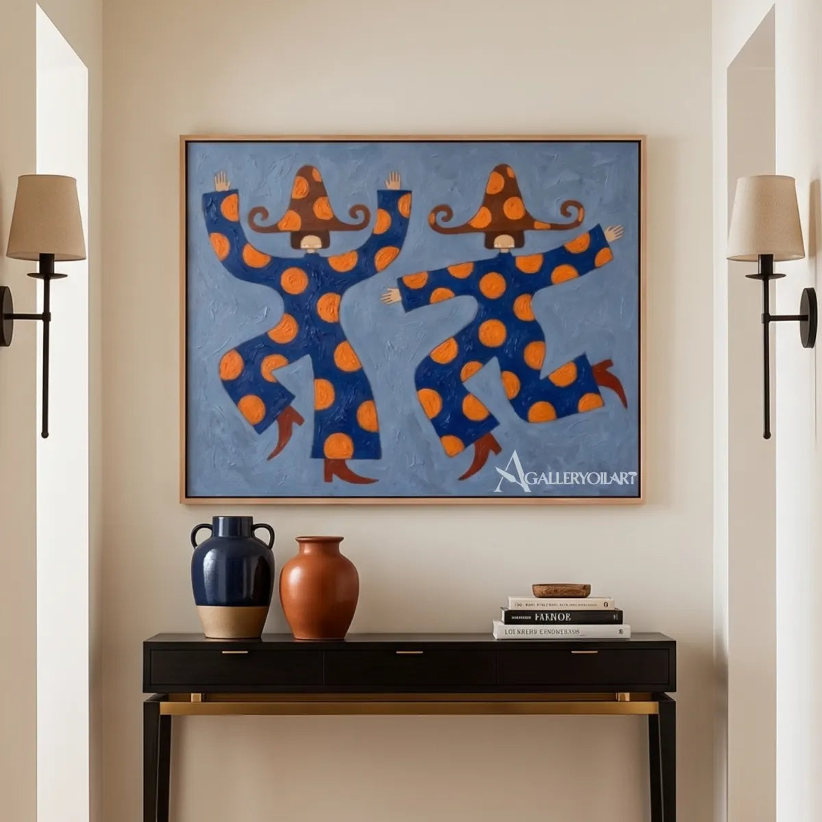 close-up-of-a-spiraled-hat-and-orange-dots-in-folk-art-style-with-blue-and-orange-colors