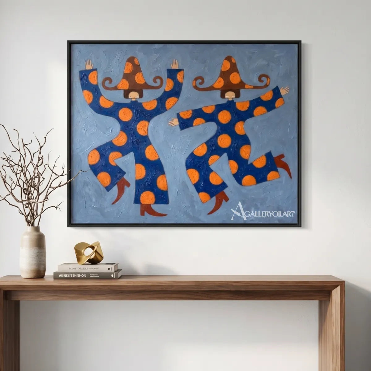 dancing-figures-above-a-wood-console-in-folk-art-style-with-blue-and-orange-colors