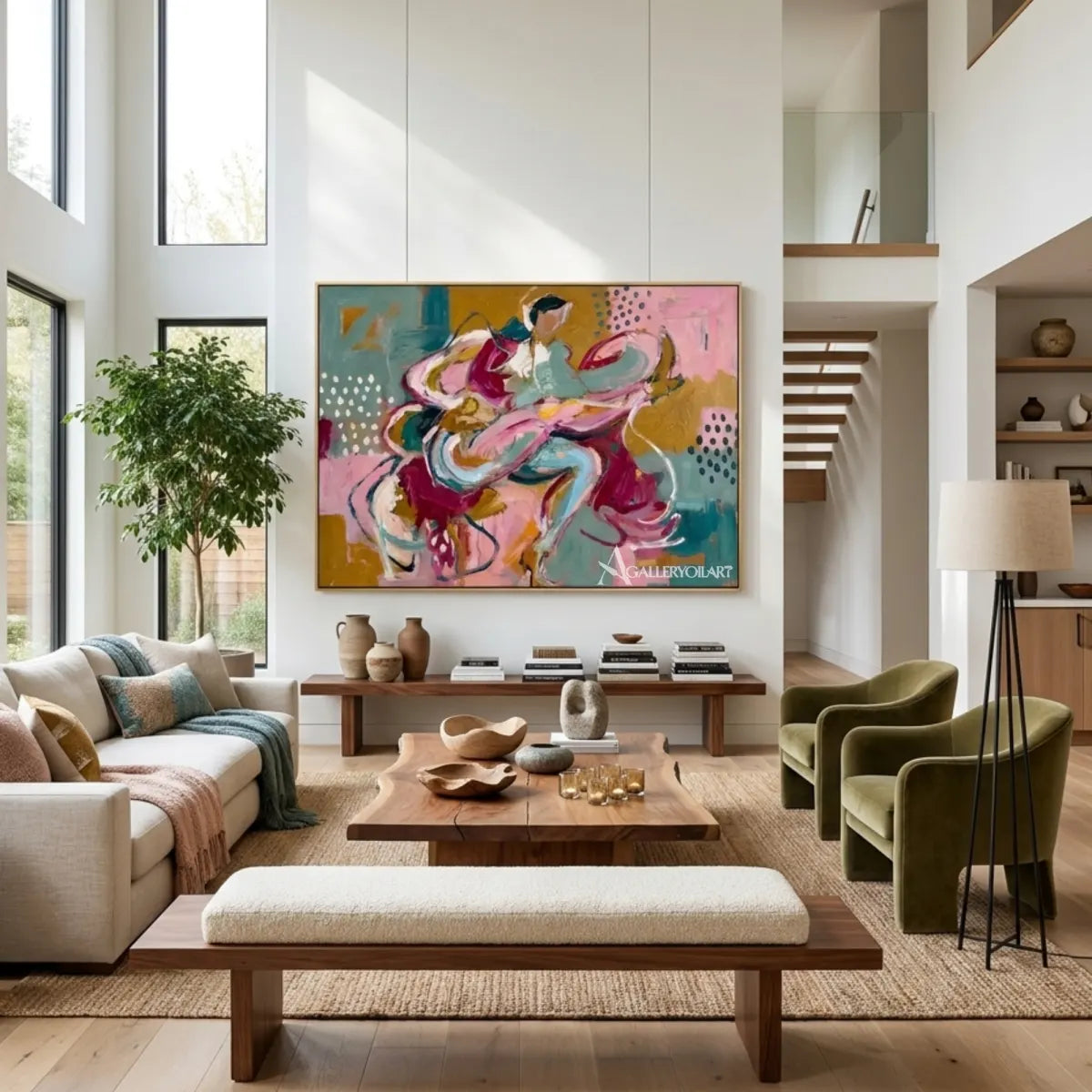 Pop-art-blue-and-pink-dancing-duo-in-a-double-height-living-room