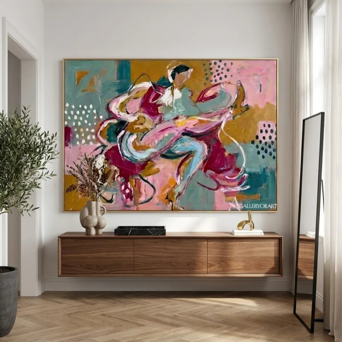 Pop-art-blue-and-pink-dancing-duo-in-a-modern-entryway
