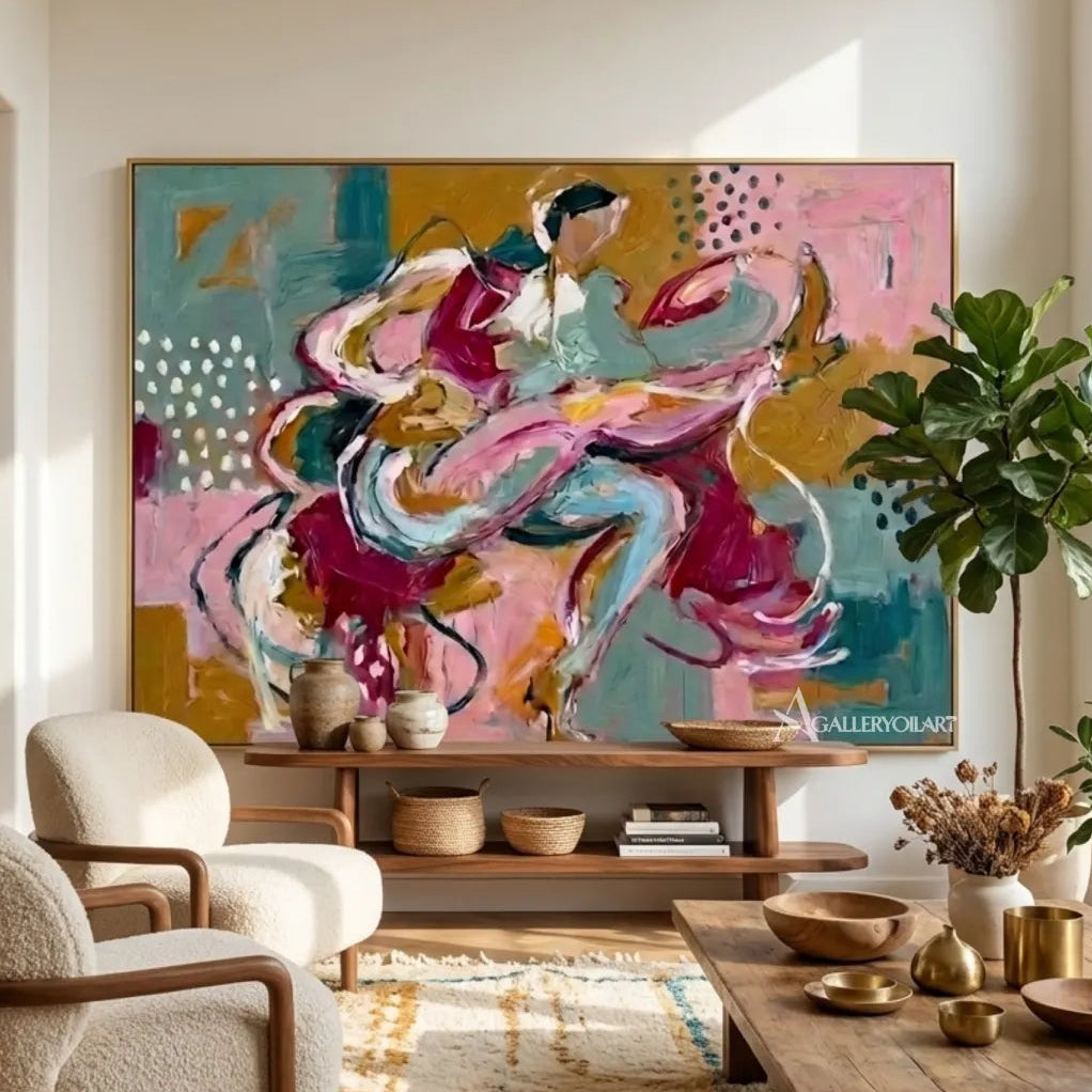 Pop-art-blue-and-pink-dancing-duo-in-a-contemporary-gathering-room