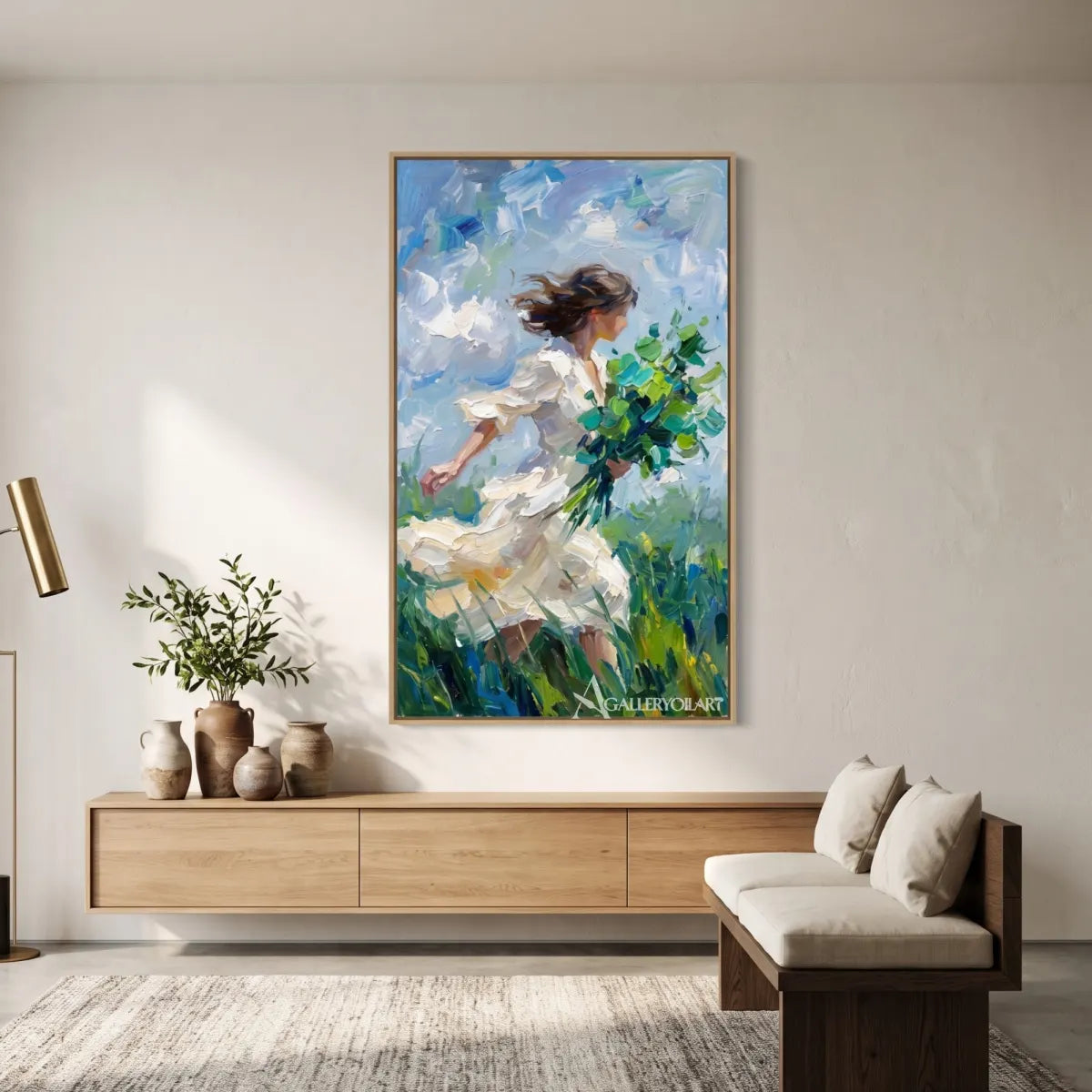 woman-in-flowing-dress-portrait-art-blue-and-white-wall-art-above-a-console