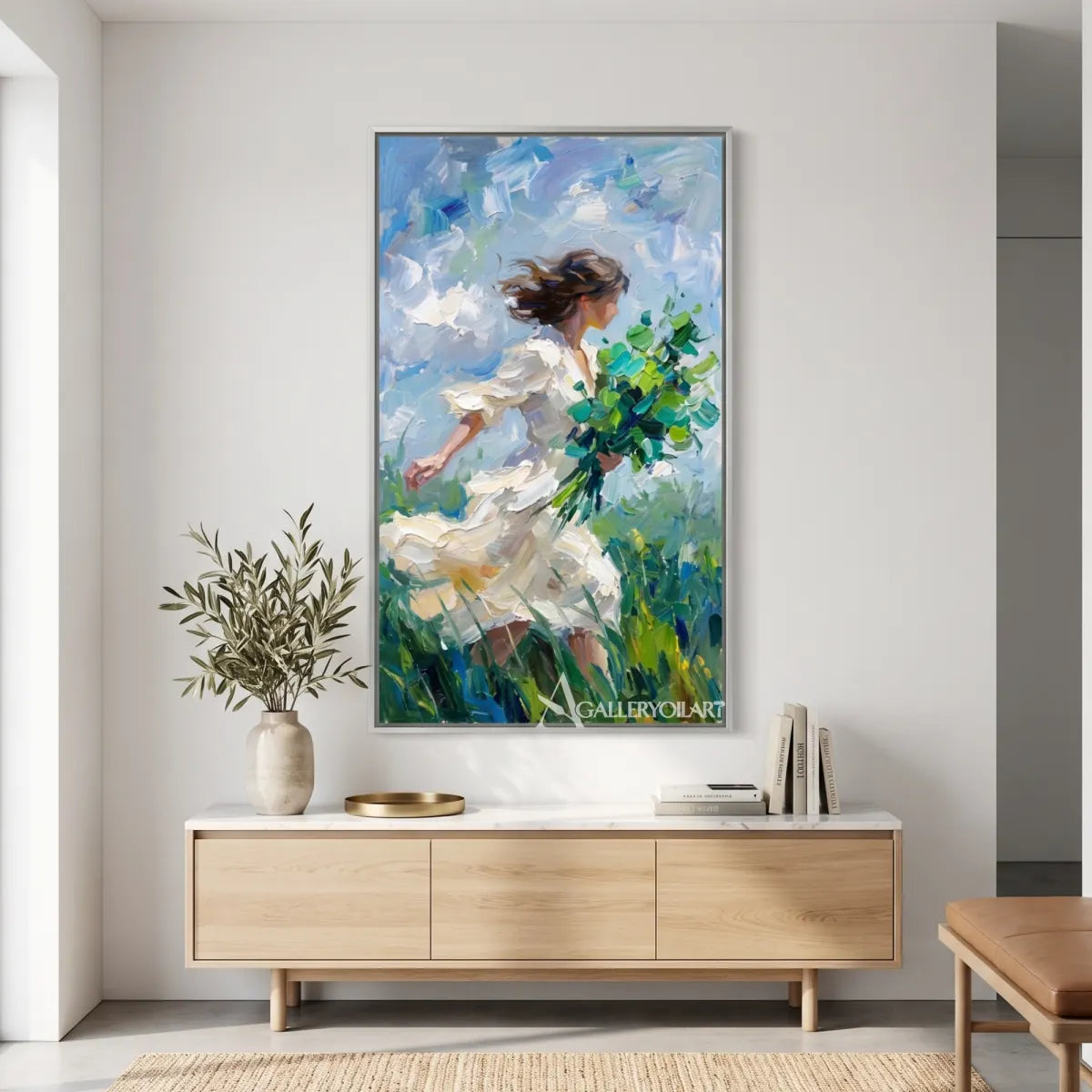 woman-in-flowing-dress-portrait-art-blue-and-white-wall-art-in-a-modern-living-room