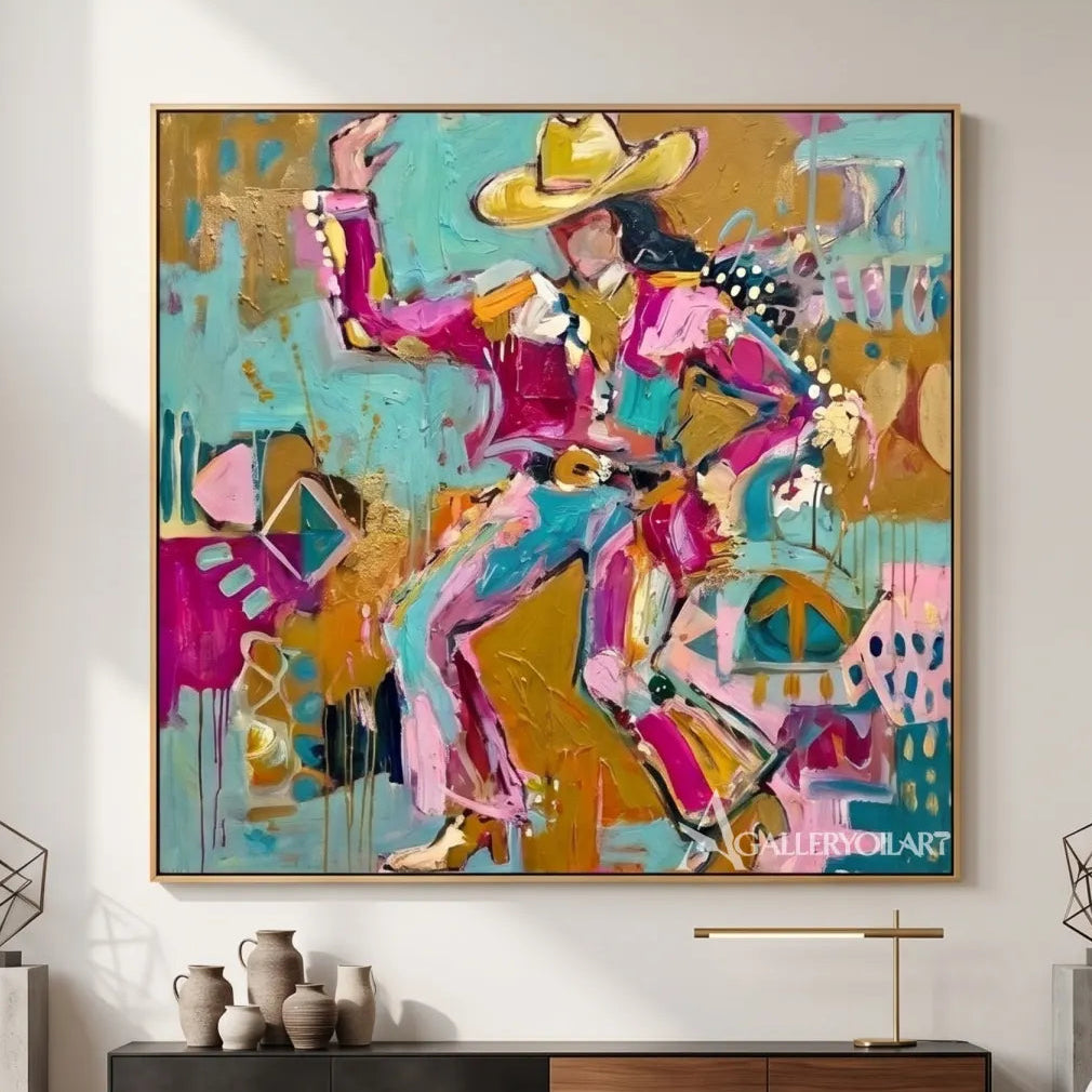 Pop art figures in a lively hat-and-dance composition-in-architectural-interior