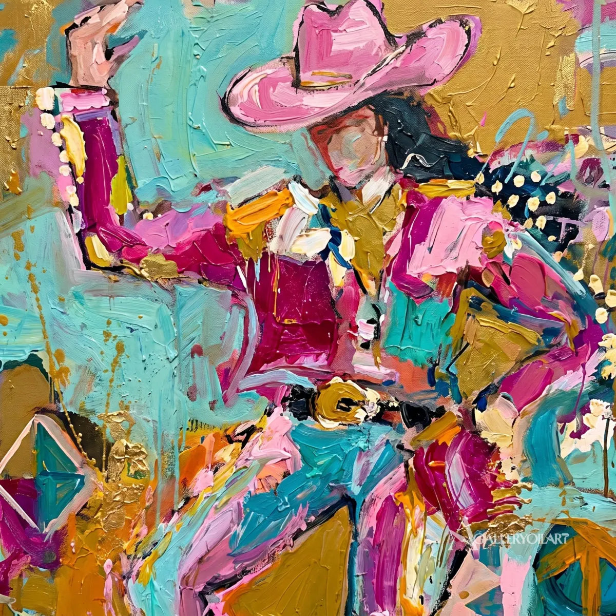 Pop art figures in a lively hat-and-dance composition-in-detail