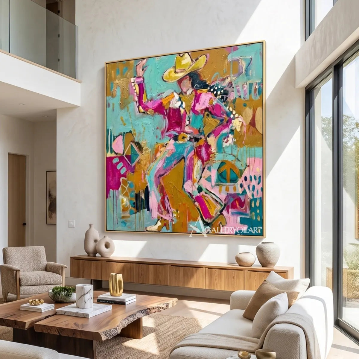 Pop art figures in a lively hat-and-dance composition-in-double-height-room