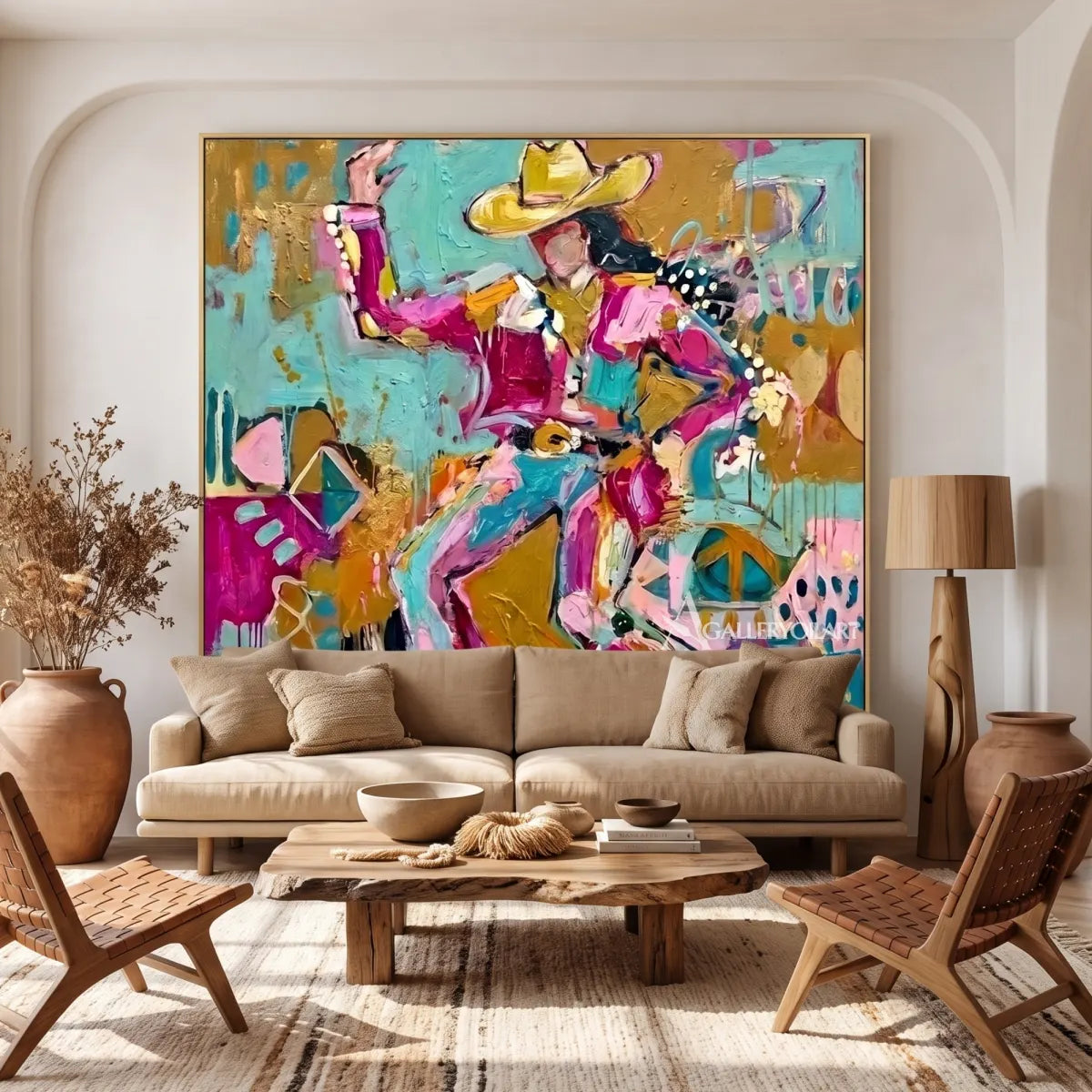 Pop art figures in a lively hat-and-dance composition-in-gathering-room