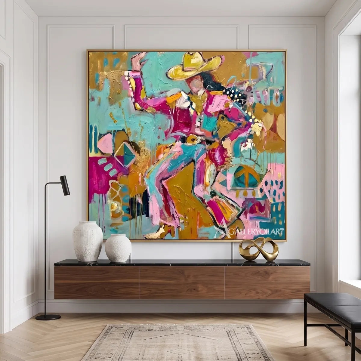Pop art figures in a lively hat-and-dance composition-in-living-room