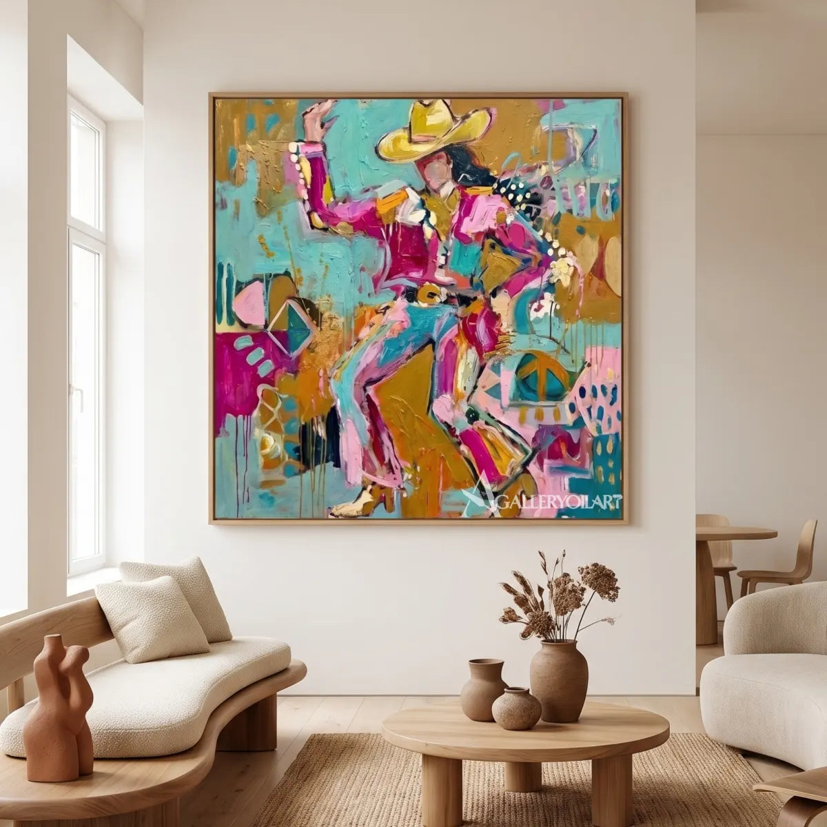 Pop art figures in a lively hat-and-dance composition-in-minimalist-gallery