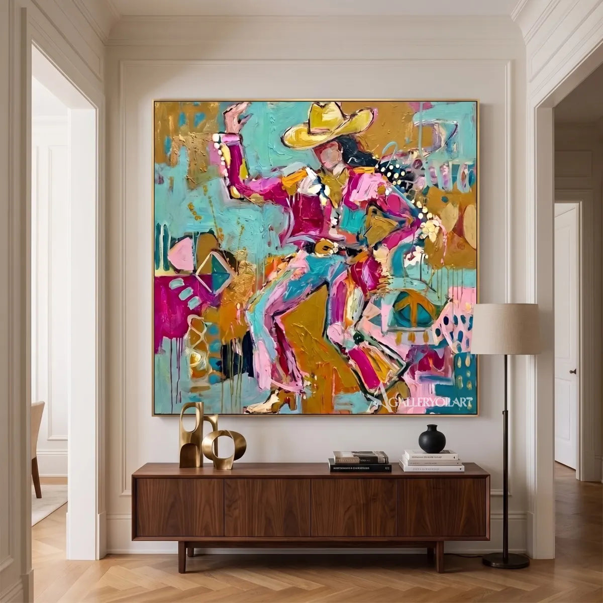 Pop art figures in a lively hat-and-dance composition-in-modern-entryway