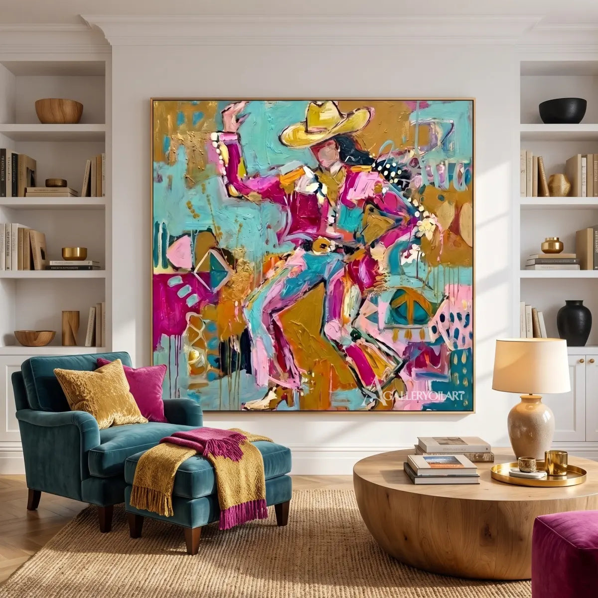 Pop art figures in a lively hat-and-dance composition-in-private-lounge