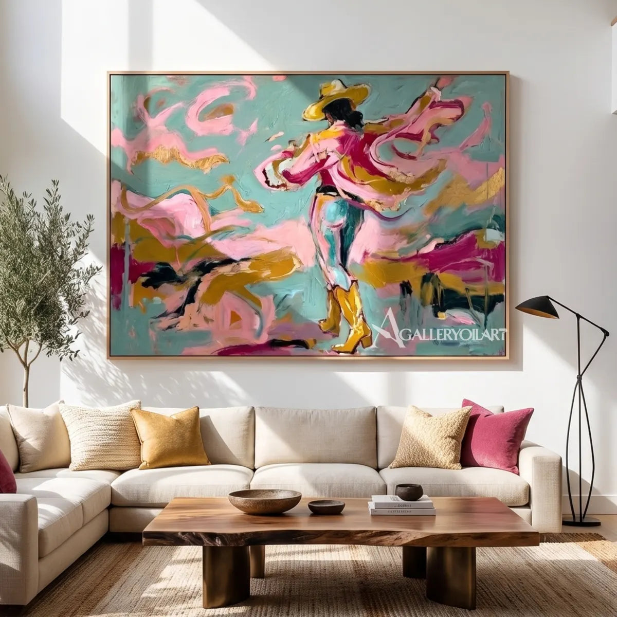 dancing-ribbon-motion-pop-art-pink-wall-art-in-a-living-room