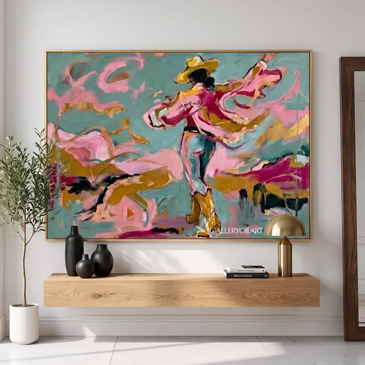 dancing-ribbon-motion-pop-art-pink-wall-art-in-a-modern-entryway