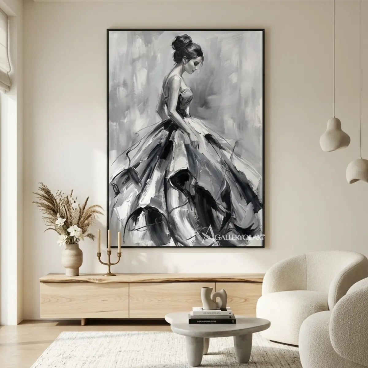 Woman-in-a-flowing-gown-in-expressive-grayscale-portrait-art-displayed-in-a-contemporary-living-room