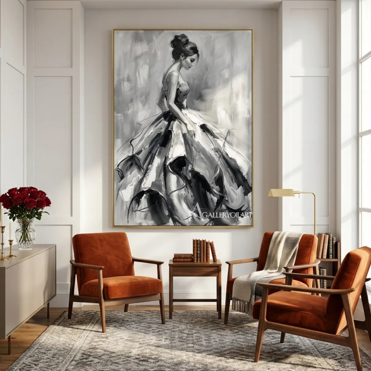 Woman-in-a-flowing-gown-in-expressive-grayscale-portrait-art-displayed-in-a-gathering-room