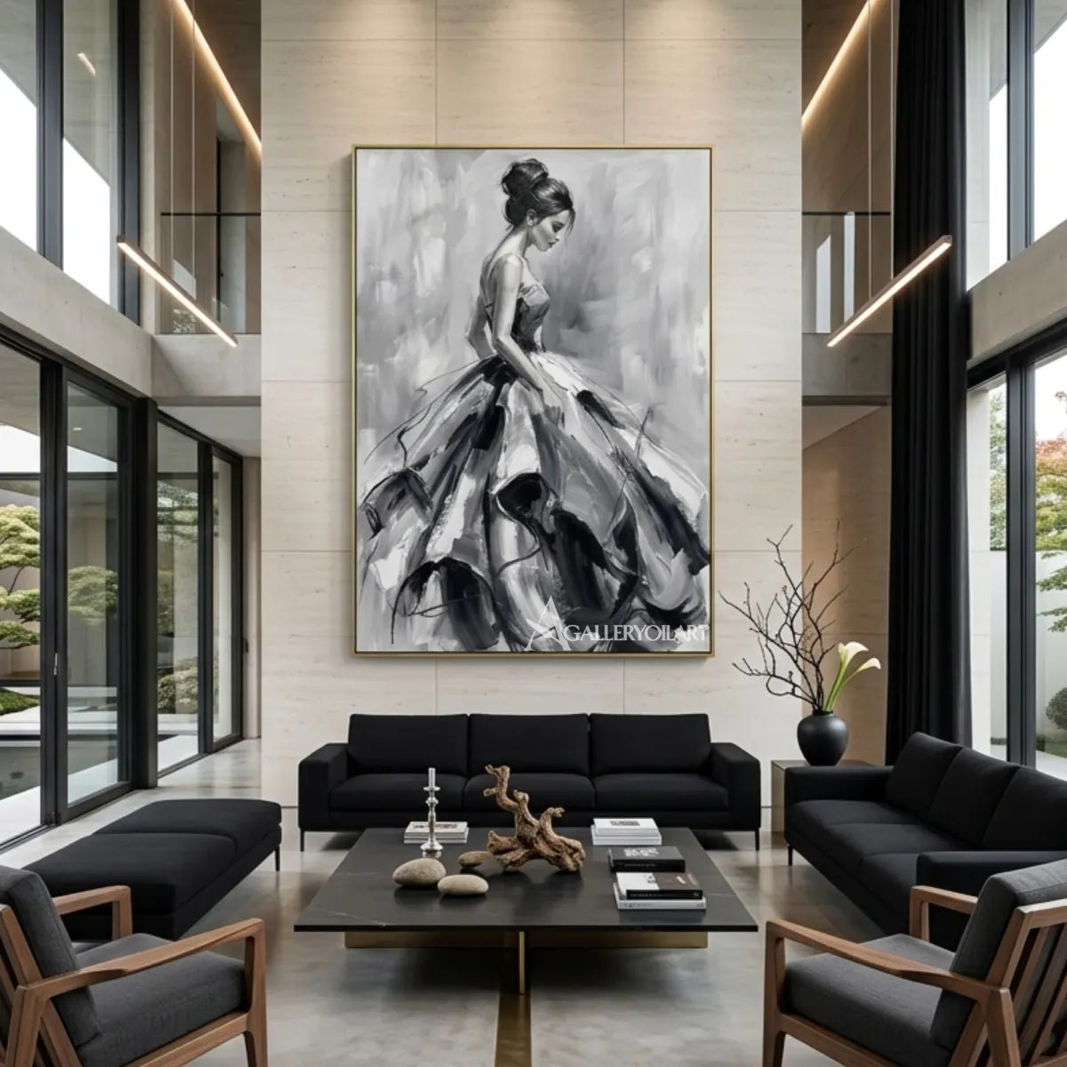 Woman-in-a-flowing-gown-in-expressive-grayscale-portrait-art-displayed-in-a-modern-lounge