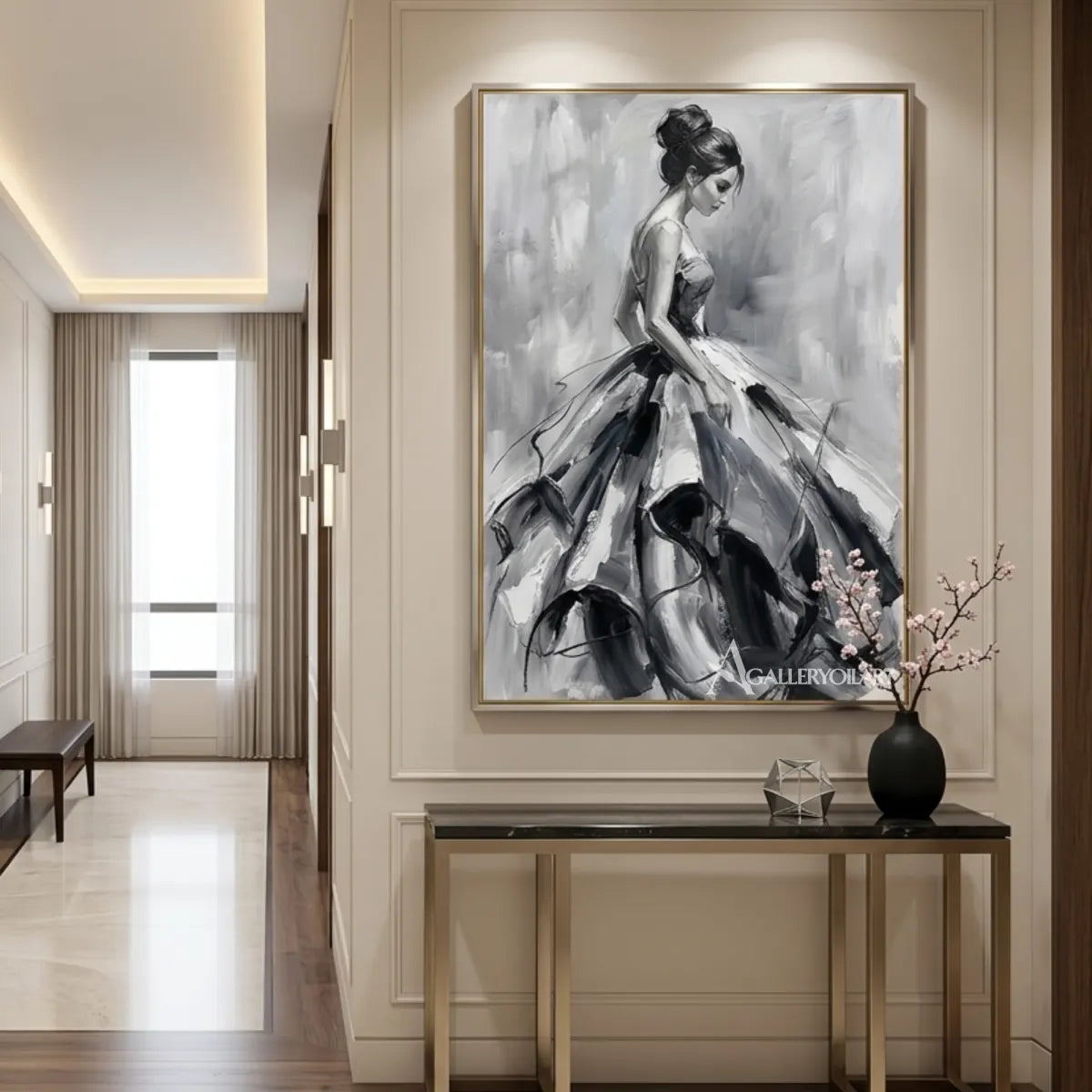 Woman-in-a-flowing-gown-in-expressive-grayscale-portrait-art-displayed-in-a-transitional-hallway