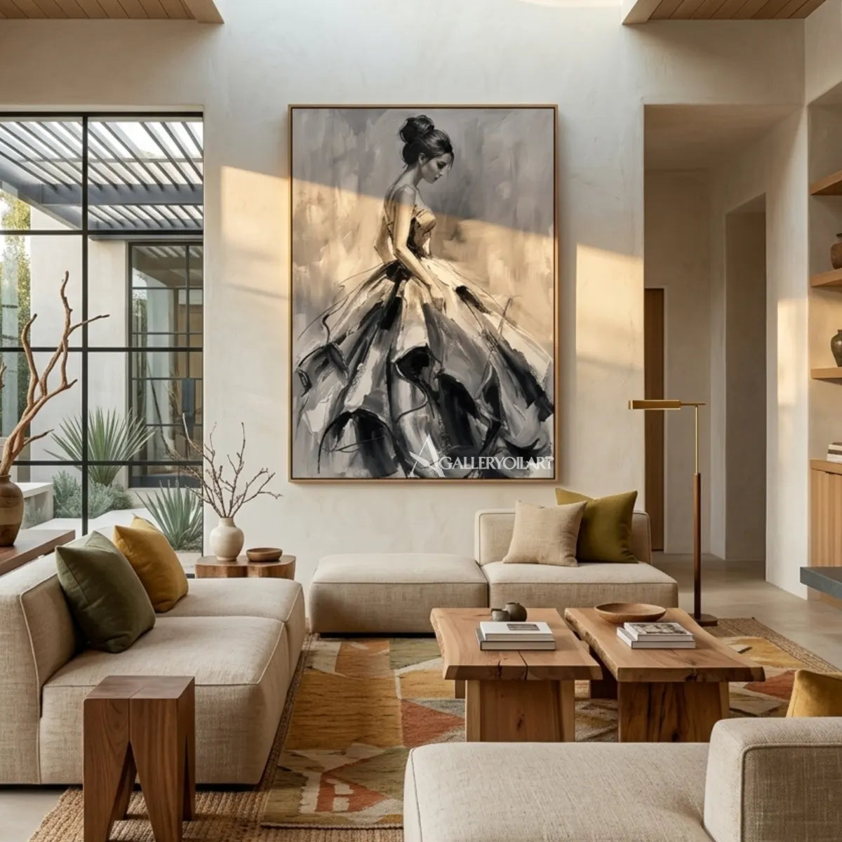 Woman-in-a-flowing-gown-in-expressive-grayscale-portrait-art-displayed-in-a-warm-living-room