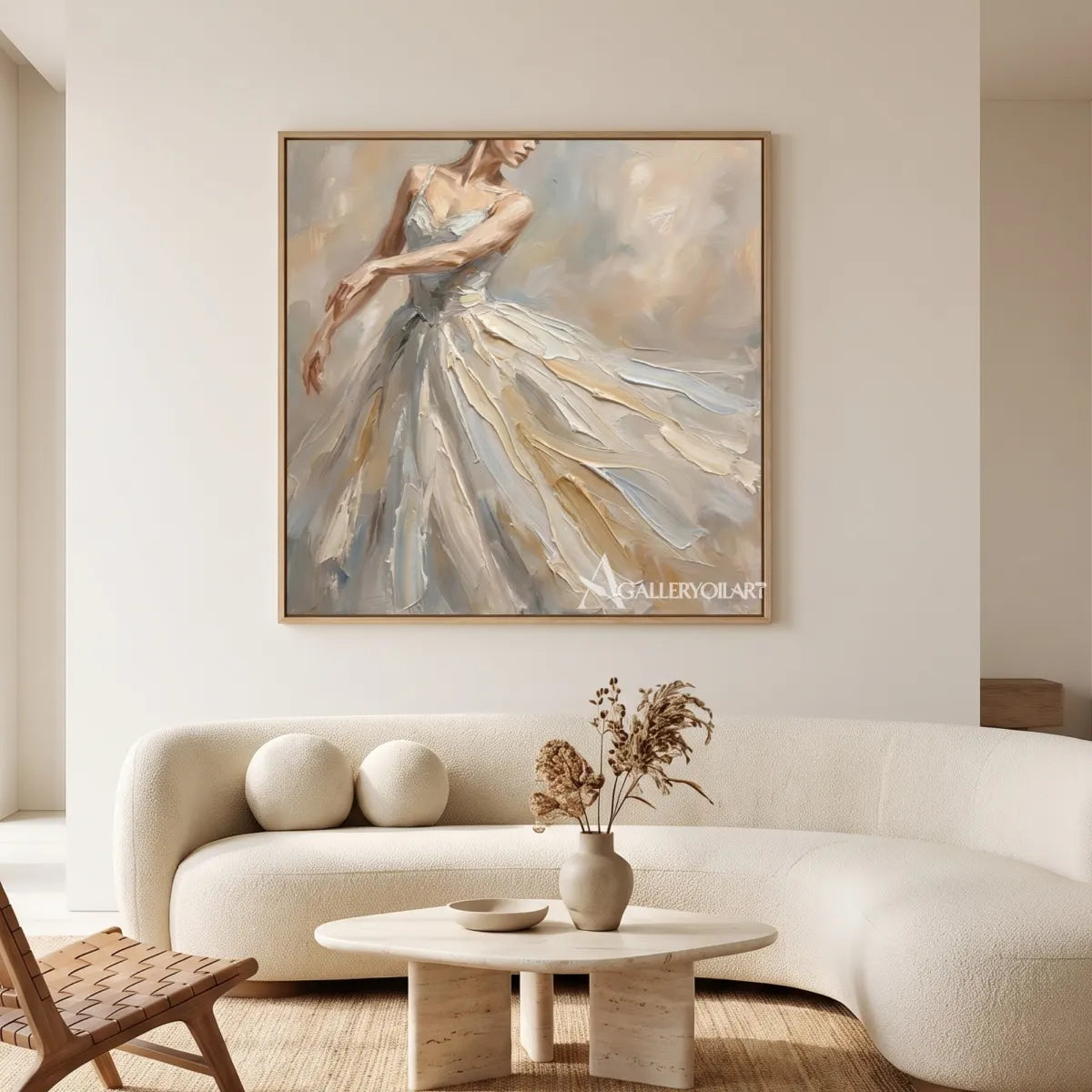Square-portrait-art-of-a-dancer-in-an-ivory-gown-in-a-gallery-living-room