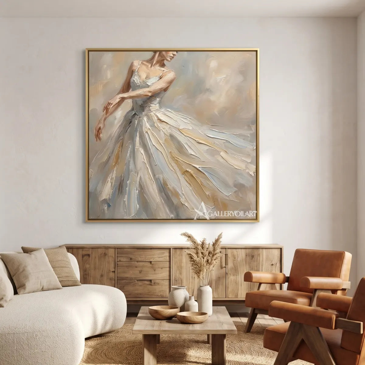 Ivory-gown-dancer-portrait-art-with-sweeping-brushwork-in-a-contemporary-room